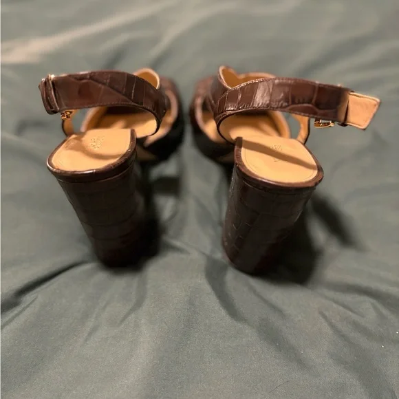 Michael Kors Becky Embossed Leather Sandal Heels Elegant Brown Slingback Heels - Picture 5 of 6